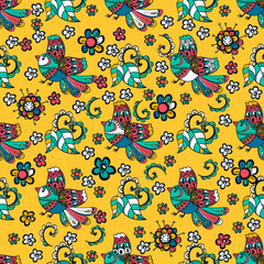 Vector floral ethnic seamless pattern in doodle style with flowers, birds and leaves. Gentle, spring, summer floral background.