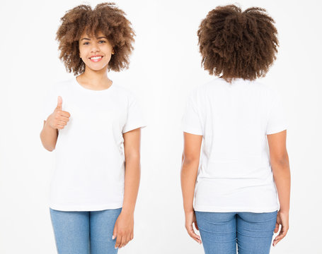 Shirts Set. Summer T Shirt Design And Close Up Of Young Afro American Woman Showing Big Thumb Up In Blank Template White T-shirt. Mock Up. Copy Space. Curly Hair. Front And Back View.