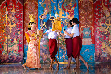 Thailand traditional or cultural dance in Thai costume. Thai beautiful girl is dancing called Khon,...
