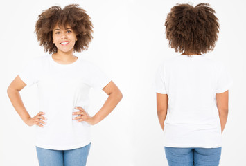 Shirts set. Summer t shirt design and close up of young afro american woman in blank template white...