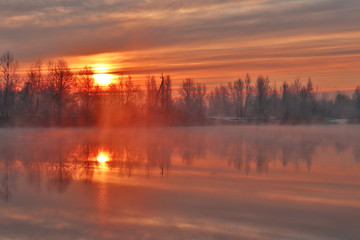 Amazing view at morning foggy lake