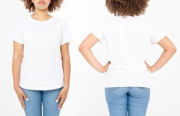 Shirts set. Summer t shirt design and close up of young afro american woman in blank template white t-shirt. Mock up. Copy space. Curly hair. front and back view. Cropped image - Powered by Adobe