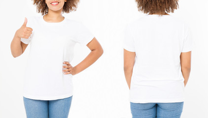 Shirts set. Summer t shirt design and close up of young afro american woman showing big thumb up in blank template white t-shirt. Mock up. Copy space. Curly hair. front and back view.