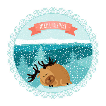 Christmas card with a sleeping deer. Cartoon style
