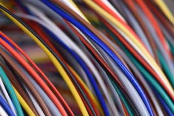 Colored telecommunication cable and wire closeup
