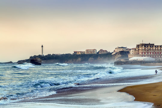 Waves on the beach in Biarritz, France