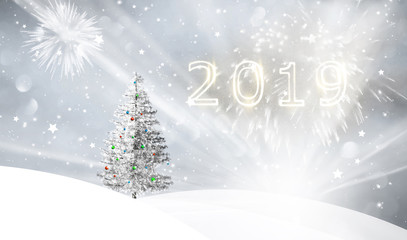 Snowy landscape with sun beams and Happy new year 2019 decoration illustration background.