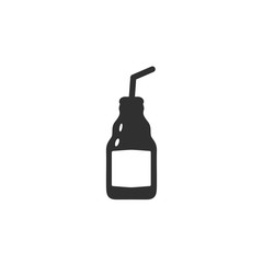 Vector illustration of narrow beer, cocktail bottle with tube in black color with white labels. White background