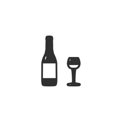 Vector illustration icons of wineglass, bottle. Flat style. Black silhouette