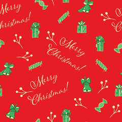 Red Christmas vector seamless pattern background with a script Merry Christmas text, green bells, gift boxes, and yellow branches. Perfect for gift wrapping paper, bags, cards, home decor.
