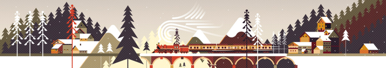 New year and Christmas mountain snowy winter landscape with coniferous forest, pines, cottages and train. Flat vector illustration for web, poster, banner, card, postcard, event icon logo or badge.