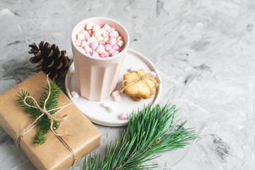 Obraz na płótnie Canvas Hot Chocolate with Marshmallow Christmas Gift Box Decoration Natural Decor New Year Party Concept Vintage Pine Cone Fur Tree Brunch 