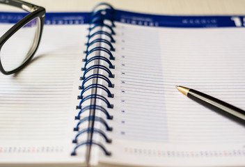 Eyeglasses and a pen on a blank spiral diary agenda