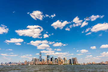 Helicopter Flying Over New York Harbor and Lower Manhattan