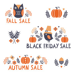 Cute set of vector marketing banners and elements for Fall and Thanksgiving for web, social media and print. Minimal candinavian style text designs for Black Friday Sale, Fall Sale, Autumn Sale.