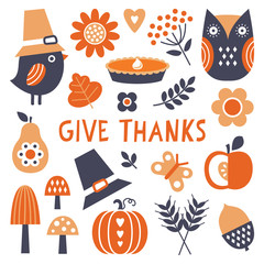 Cute vector set of Scandinavian style icons and motifs for Fall and Thanksgiving. Autumn elements isolated on white with Give Thanks text, for cards, decals, stickers, tags and web use.