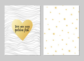 Greeting vector card for Valentine's Day. Gold heart with text and simple grey waves. Pattern with little gold glitter bubbles. You are my golden fish lettering. Romantic February 14 illustrations.