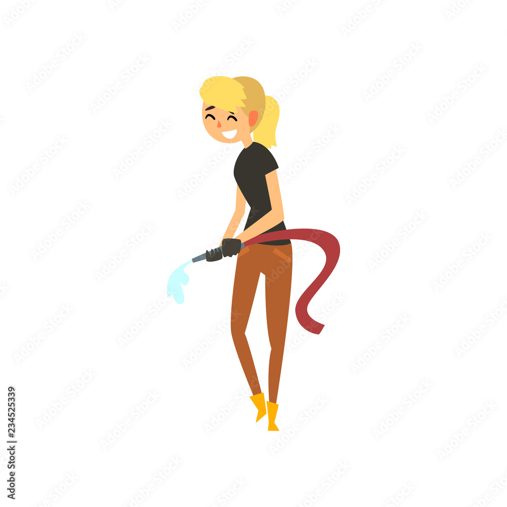 Sticker Happy female farmer character watering using a hose, cheerful gardener at work, farming and agriculture vector Illustration on a white background