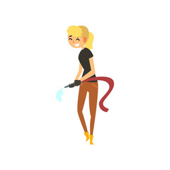 Happy female farmer character watering using a hose, cheerful gardener at work, farming and agriculture vector Illustration on a white background