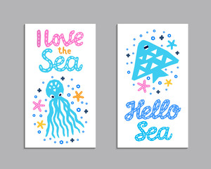 Cutout marine style animal kids design element paper flyer card. Lettering title Hello, I love the Sea. Vector funny cartoon fish, octopus doodle background. Child ocean graphic posters