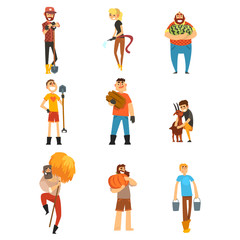 Cheerful farmers set, gardeners characters at work, farming and agriculture vector Illustration on a white background