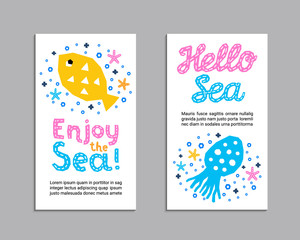 Cutout marine style animal kids design element paper flyer card. Lettering title Hello, Enjoy the Sea. Vector funny cartoon fish, calamar doodle background. Child ocean graphic posters © shevalierart