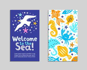 Cutout marine style animal kids design element paper flyer card. Lettering title Welcome to the Sea. Vector cartoon fish, gull, crab, guitarfish, seahorse doodle background. Child ocean graphic poster