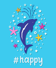 Cutout marine style sea animal kids design element paper card. Lettering popular hashtag title happy. Vector funny cartoon dolphin doodle background. Child graphic poster