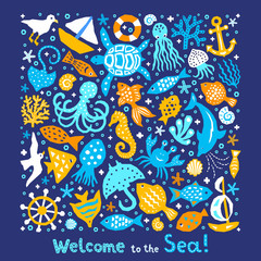 Paper cutout marine style kids design element set. Welcome to the Sea lettering phrase. Funny cartoon doodle fish, octopus, gull, shell, calmar, starfish, jellyfish, guitarfish vector illustration