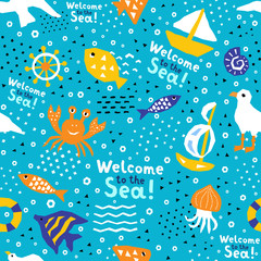 Seaworld seamless pattern of paper cutout marine style memphis design elements. Endless funny cartoon background for kids cloth textile print, childish wallpaper, wrapping. EPS 10 vector illustration 