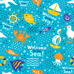 Seaworld seamless pattern of paper cutout marine style memphis design elements. Endless funny cartoon background for kids cloth textile print, childish wallpaper, wrapping. EPS 10 vector illustration  © shevalierart