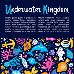 Cutout marine style kids design element paper flyers. Lettering title Underwater Kingdom. Vector funny cartoon doodle background of fish, shell, calmar, starfish, jellyfish, crab, dolphin