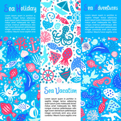 Cutout marine style kids design element paper flyers. Lettering titles Sea Holiday, Vacation, Adventures. Vector funny cartoon doodle background of fish, shell, calmar, starfish, crab, dolphin, gull © shevalierart