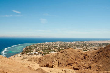 View from height on Dahab town and Red sea. South Sinai.