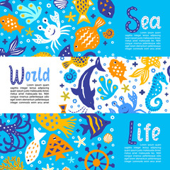 Cutout marine style kids design element paper flyers. Lettering titles Sea, World, Life. Vector funny cartoon doodle background of fish, shell, calmar, starfish, jellyfish, crab, dolphin