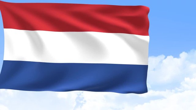 netherlands flag in motion with sky and moving clouds behind. 3D rendering