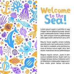 Cutout marine style kids design element paper flyer card. Lettering title. Vector funny cartoon doodle sea background of fish, shell, starfish, jellyfish, crab, boat, dolphin, octopus