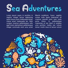 Cutout marine style kids design element paper flyer card. Lettering title Sea Adventures. Vector funny cartoon doodle fish, shell, calmar, crab  starfish, jellyfish, gull, octopus, dolphin background © shevalierart