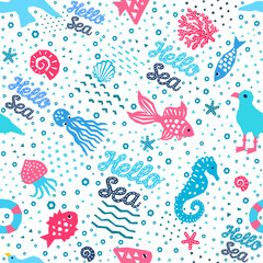 Seaworld seamless pattern of paper cutout marine style memphis design elements. Endless funny cartoon background for kids cloth textile print, childish wallpaper, wrapping. EPS 10 vector illustration © shevalierart