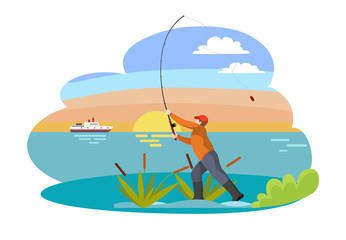 Fisherman with Fishing Rod Vector Illustration