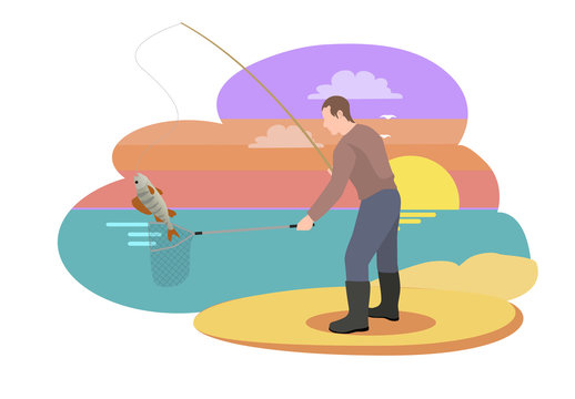 Fisherman with Fishing Rod Vector Illustration