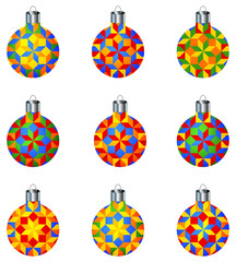 Set of 9 colorful isolated Christmas balls with modern geometric decorative ornament