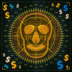 Aiming at skull with hacker related words on binary code background with dollar signs