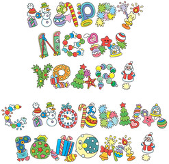 Lettering design of Happy New Year greetings in English and in Russian with funny tree decorations and toys, vector illustrations in a cartoon style