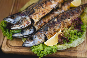 delicious food baked fish with salad