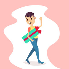 Man holding gift box present waving hand