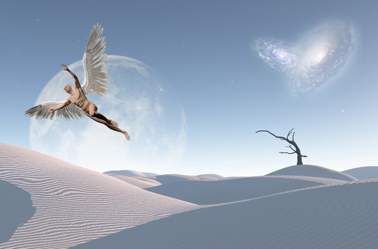 Angel flies over surreal desert