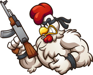 Strong and angry cartoon chicken holding an Ak-47 gun. Vector clip art illustration with simple gradients. All in a single layer.