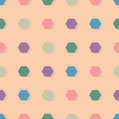 Seamless pattern. Multicolored hexagons with shadow. Pastel colors, simple shapes