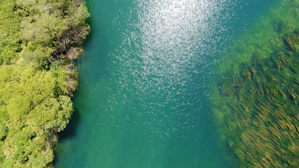 Foto op Plexiglas aerial view of green river nature with clean drinking water and sun reflections © .shock